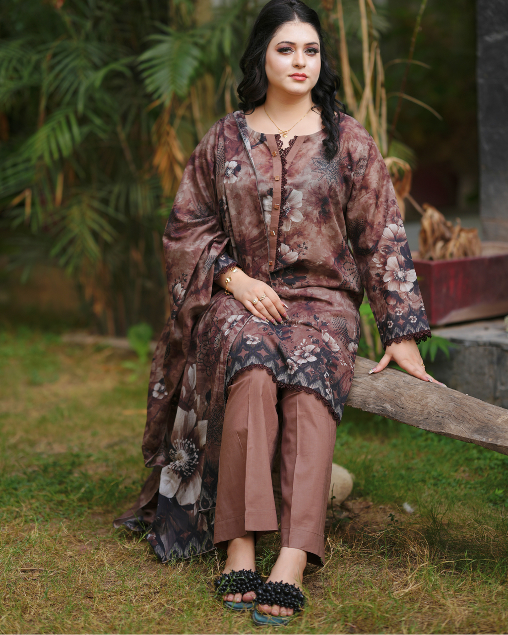 Cocoa Blossom 3-Piece Printed Lawn.